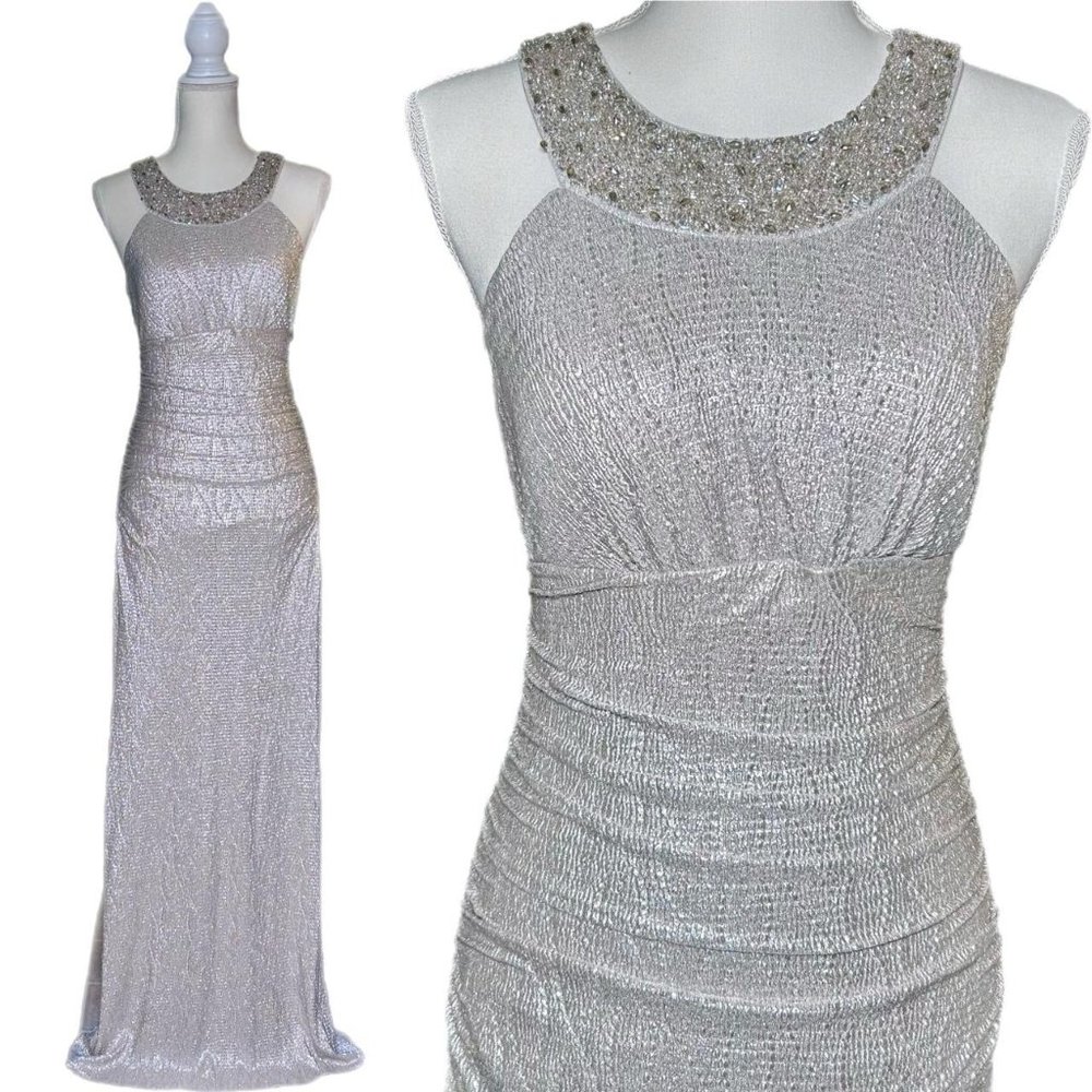 Vintage Silver Glam Prom Formal Gown w/ Beaded Collar- Size 4/Small